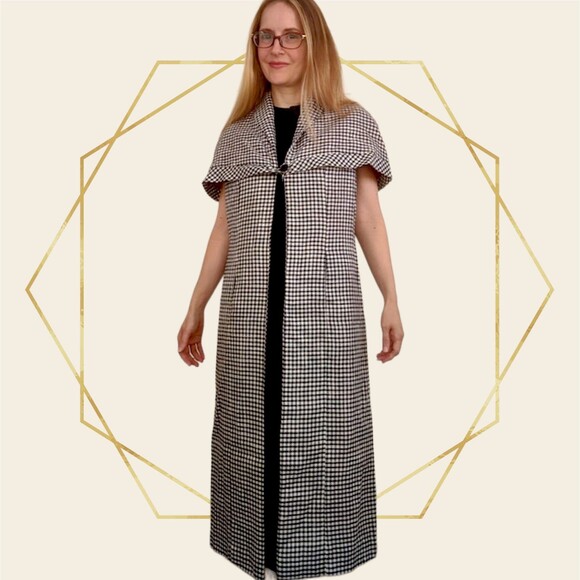 Vintage 60s Mod Black White Gingham Cloak Cape Red Lining S - Picture 3 of 8